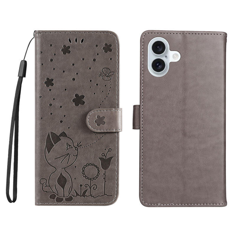 For iPhone 16 Plus Cat Bee Embossed Pattern Wallet Case