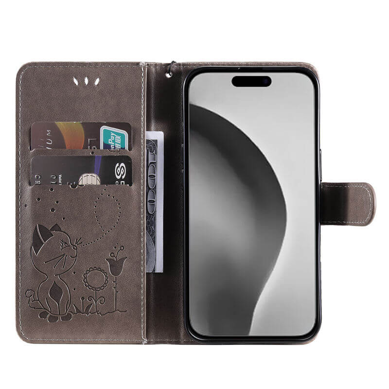 For iPhone 16 Plus Cat Bee Embossed Pattern Wallet Case