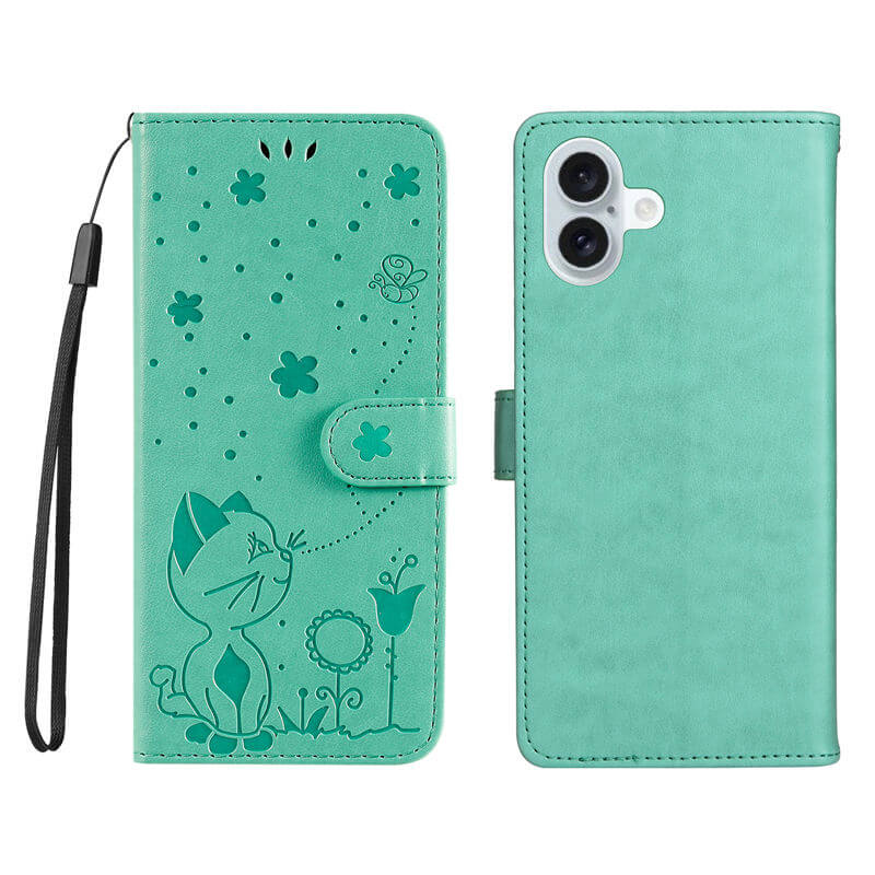 For iPhone 16 Plus Cat Bee Embossed Pattern Wallet Case