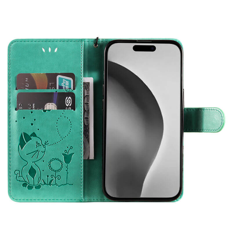 For iPhone 16 Plus Cat Bee Embossed Pattern Wallet Case