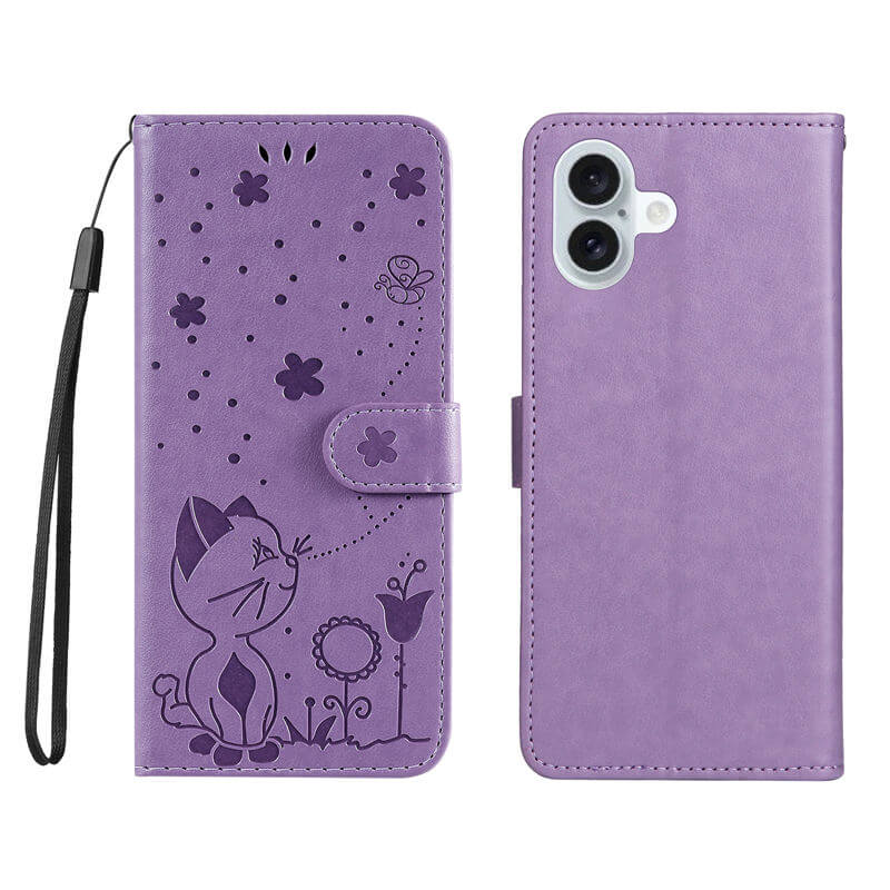 For iPhone 16 Plus Cat Bee Embossed Pattern Wallet Case