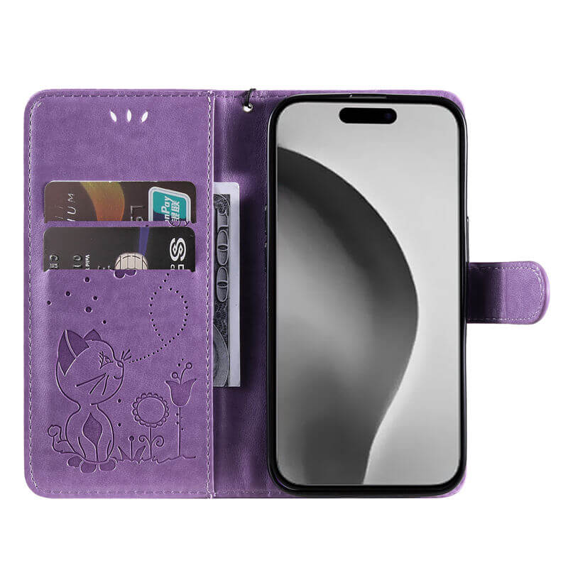 For iPhone 16 Plus Cat Bee Embossed Pattern Wallet Case