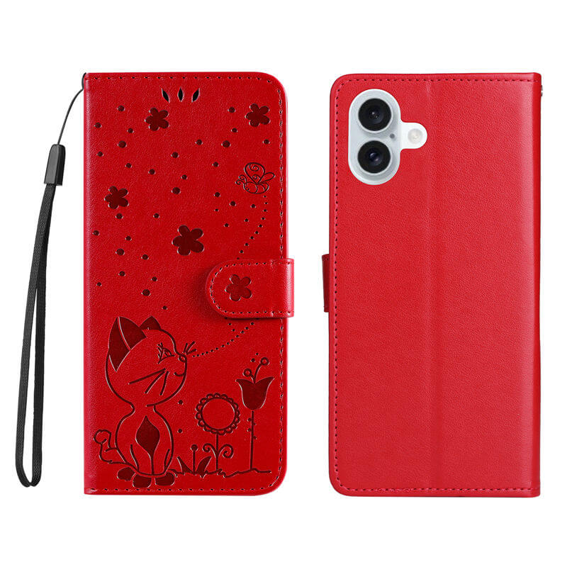 For iPhone 16 Plus Cat Bee Embossed Pattern Wallet Case