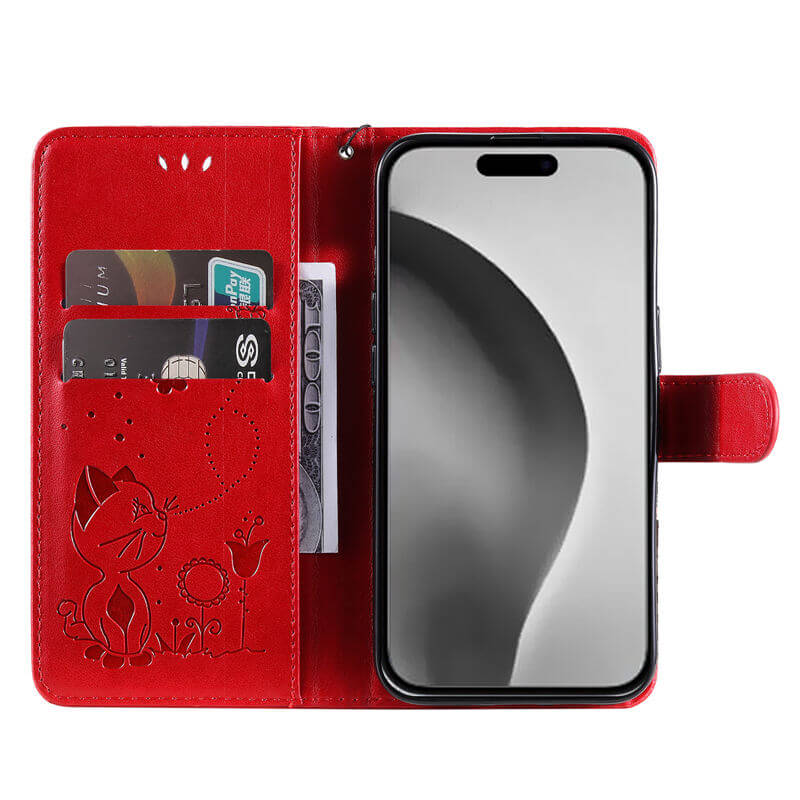 For iPhone 16 Plus Cat Bee Embossed Pattern Wallet Case