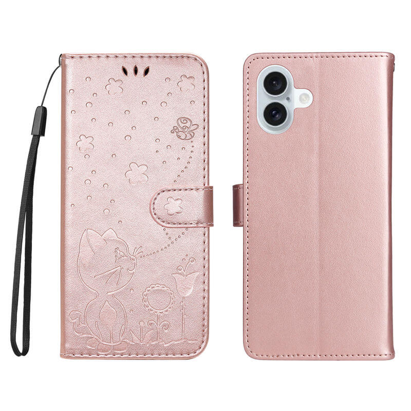 For iPhone 16 Plus Cat Bee Embossed Pattern Wallet Case