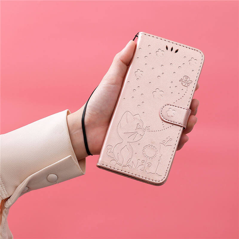 For iPhone 16 Plus Cat Bee Embossed Pattern Wallet Case