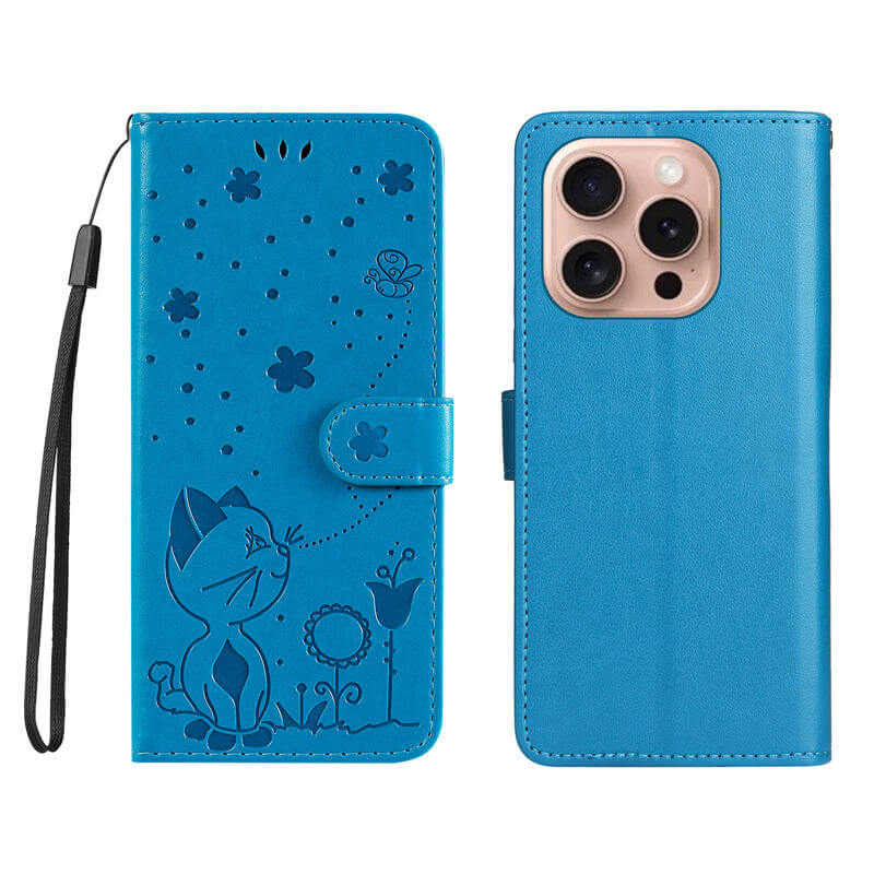 For iPhone 16 Pro Cat Bee Embossed Pattern Wallet Case