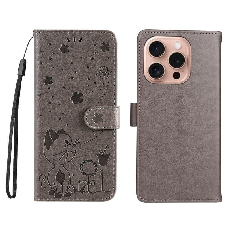 For iPhone 16 Pro Cat Bee Embossed Pattern Wallet Case