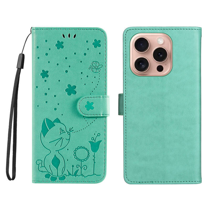 For iPhone 16 Pro Cat Bee Embossed Pattern Wallet Case