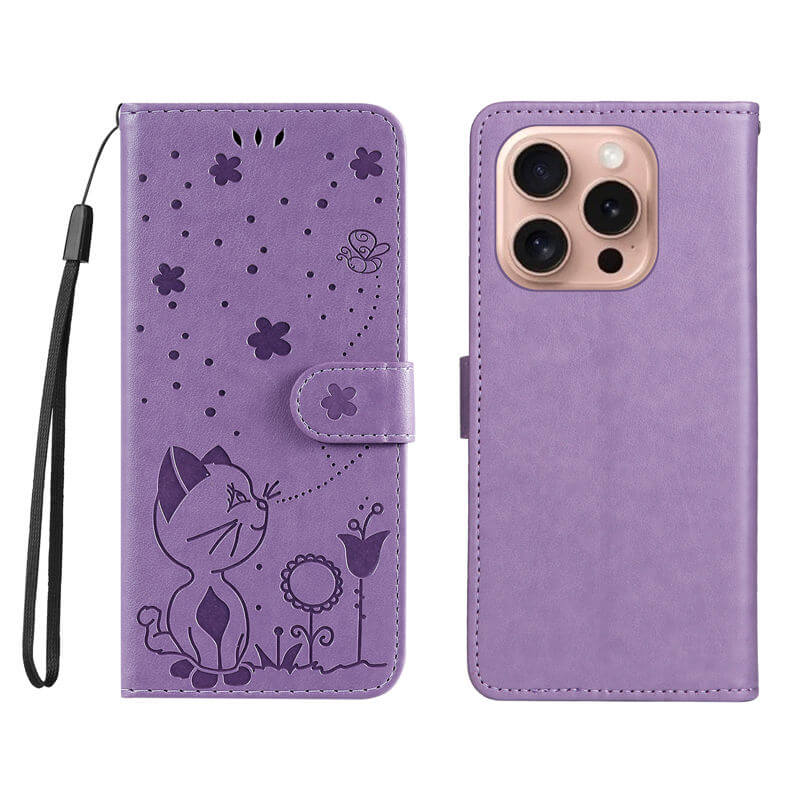 For iPhone 16 Pro Cat Bee Embossed Pattern Wallet Case