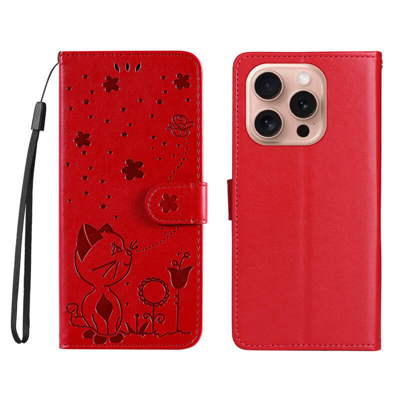 For iPhone 16 Pro Cat Bee Embossed Pattern Wallet Case