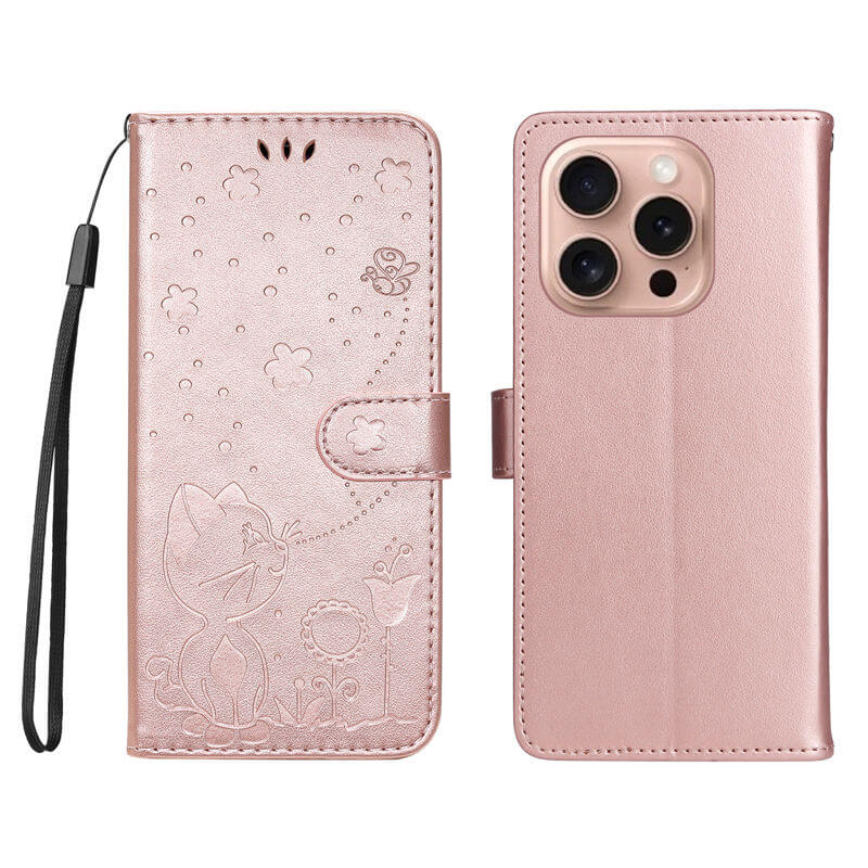 For iPhone 16 Pro Cat Bee Embossed Pattern Wallet Case