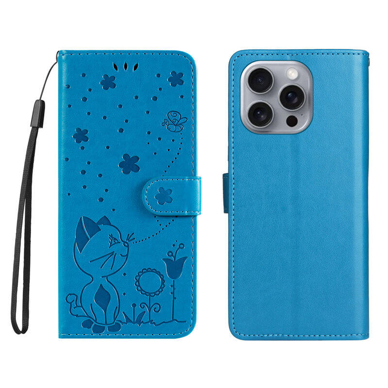 For iPhone 16 Pro Max Cat Bee Embossed Pattern Wallet Case