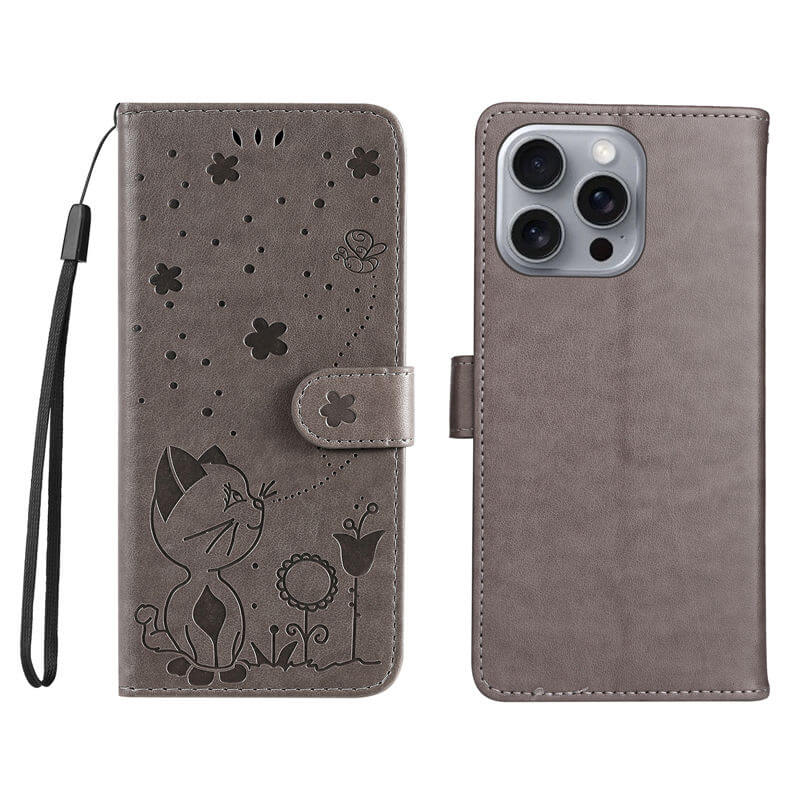 For iPhone 16 Pro Max Cat Bee Embossed Pattern Wallet Case