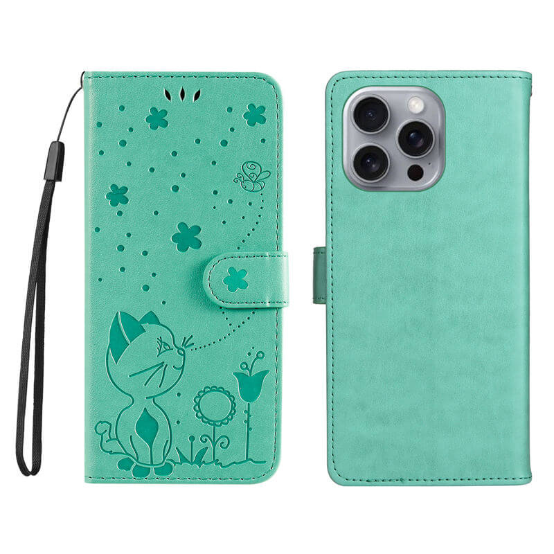 For iPhone 16 Pro Max Cat Bee Embossed Pattern Wallet Case