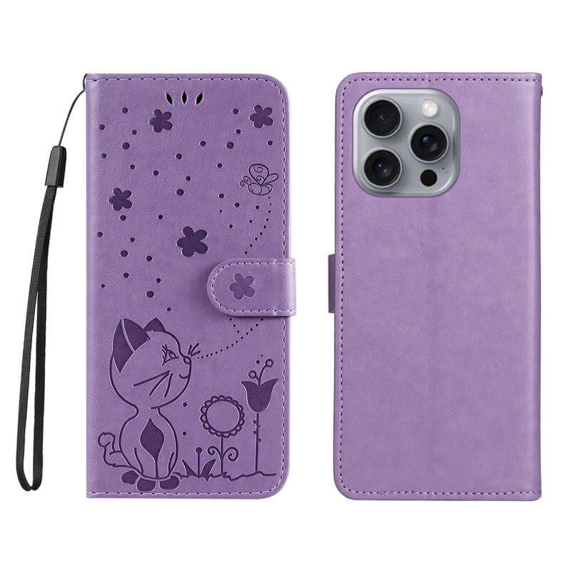 For iPhone 16 Pro Max Cat Bee Embossed Pattern Wallet Case