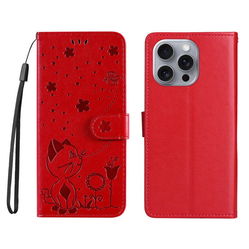 For iPhone 16 Pro Max Cat Bee Embossed Pattern Wallet Case