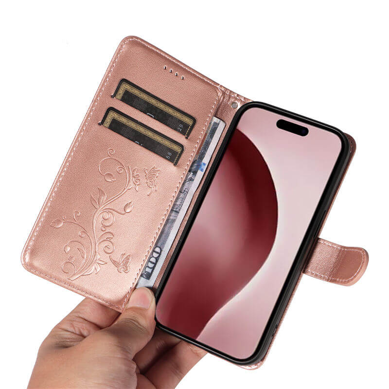 For iPhone 16 Pro Apricot Blossom Embossed Pattern Wallet Case