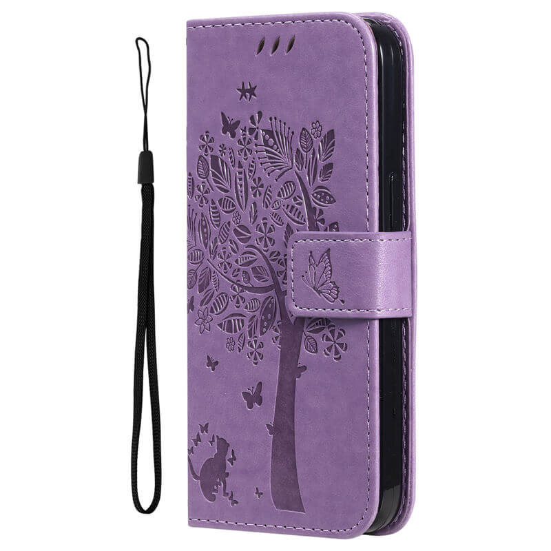 For iPhone 16 Cat Tree Embossed Pattern Wallet Case