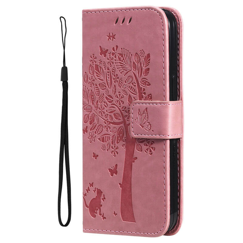 For iPhone 16 Cat Tree Embossed Pattern Wallet Case