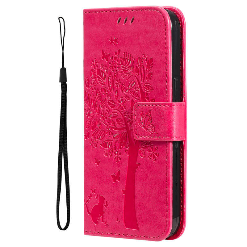 For iPhone 16 Cat Tree Embossed Pattern Wallet Case