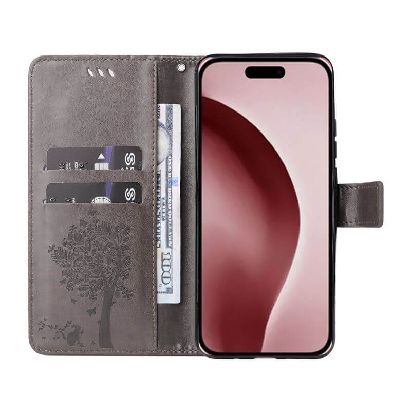 For iPhone 16 Pro Cat Tree Embossed Pattern Wallet Case