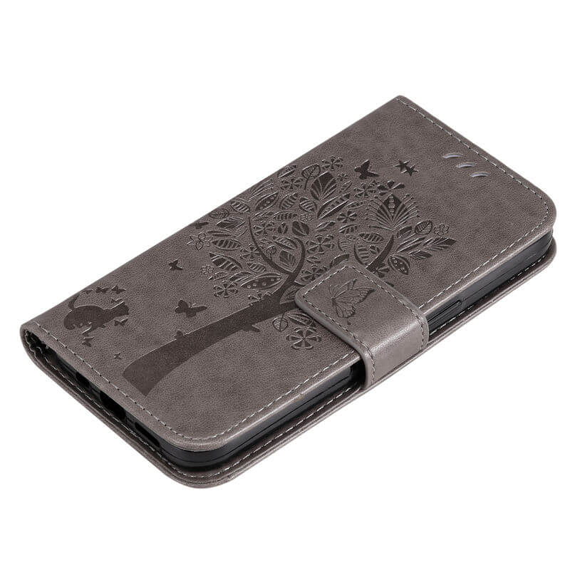 For iPhone 16 Pro Cat Tree Embossed Pattern Wallet Case