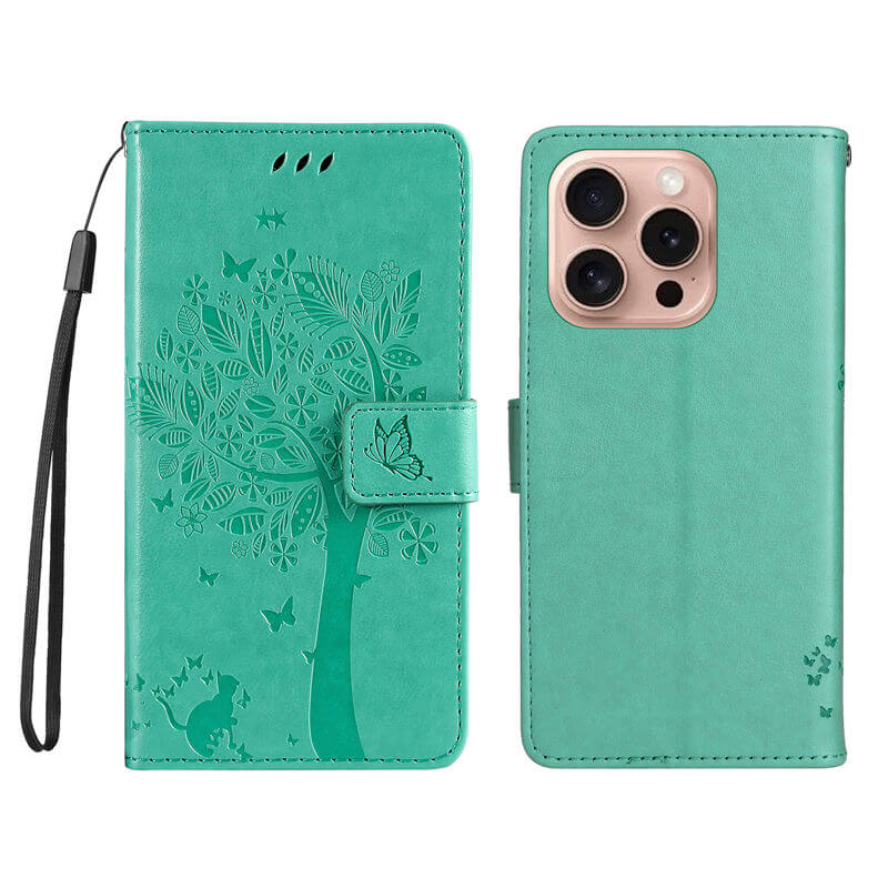 For iPhone 16 Pro Cat Tree Embossed Pattern Wallet Case