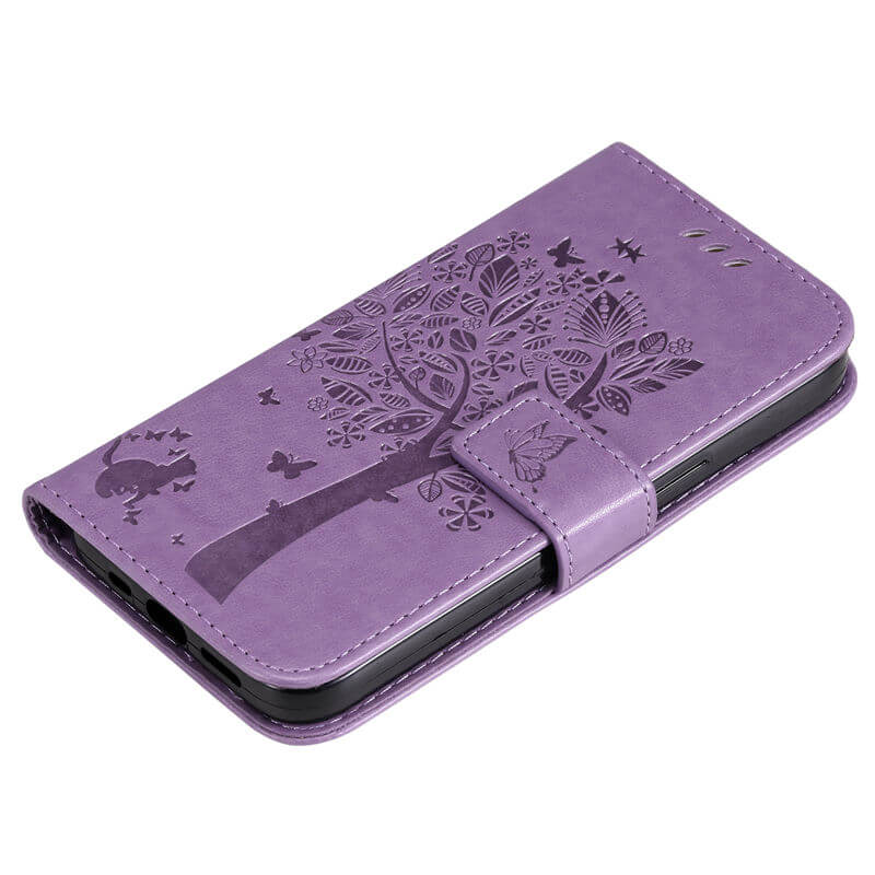 For iPhone 16 Pro Cat Tree Embossed Pattern Wallet Case