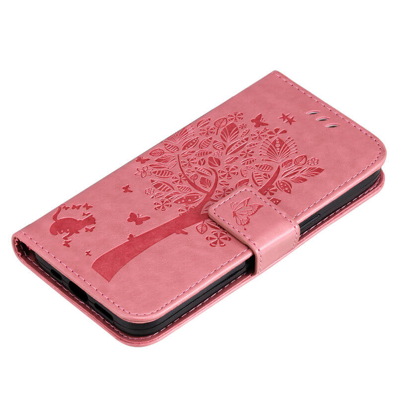 For iPhone 16 Pro Cat Tree Embossed Pattern Wallet Case