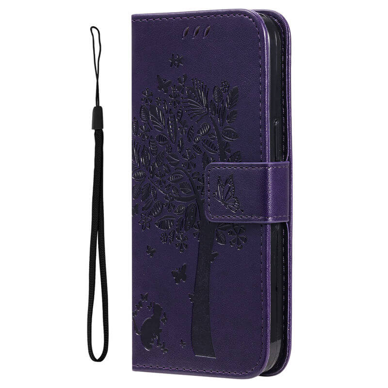 For iPhone 16 Pro Cat Tree Embossed Pattern Wallet Case