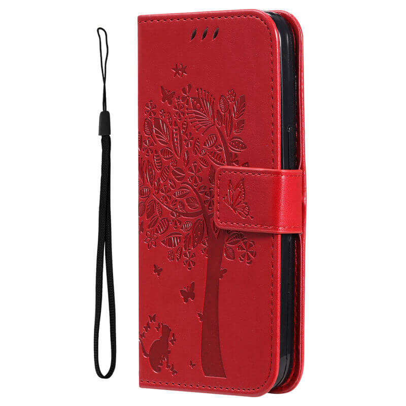 For iPhone 16 Pro Cat Tree Embossed Pattern Wallet Case