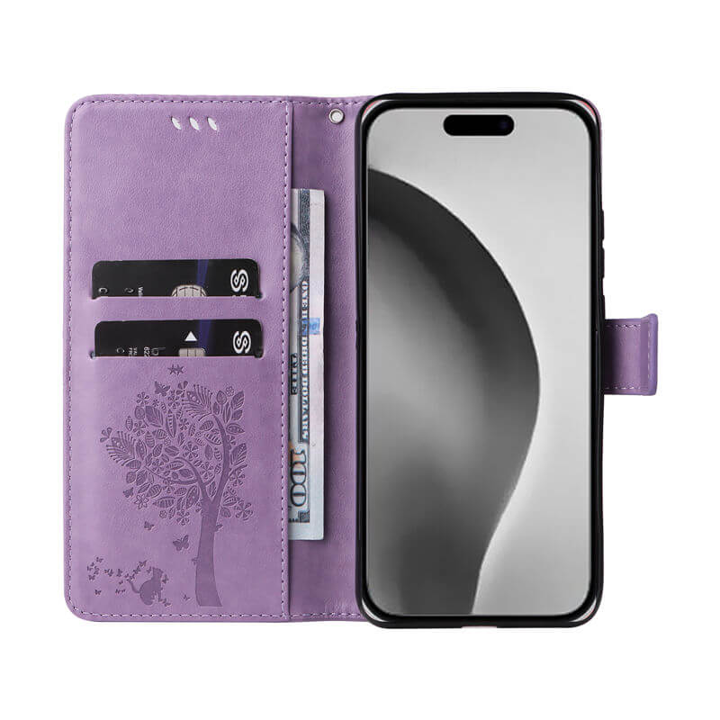 For iPhone 16 Pro Max Cat Tree Embossed Pattern Wallet Case