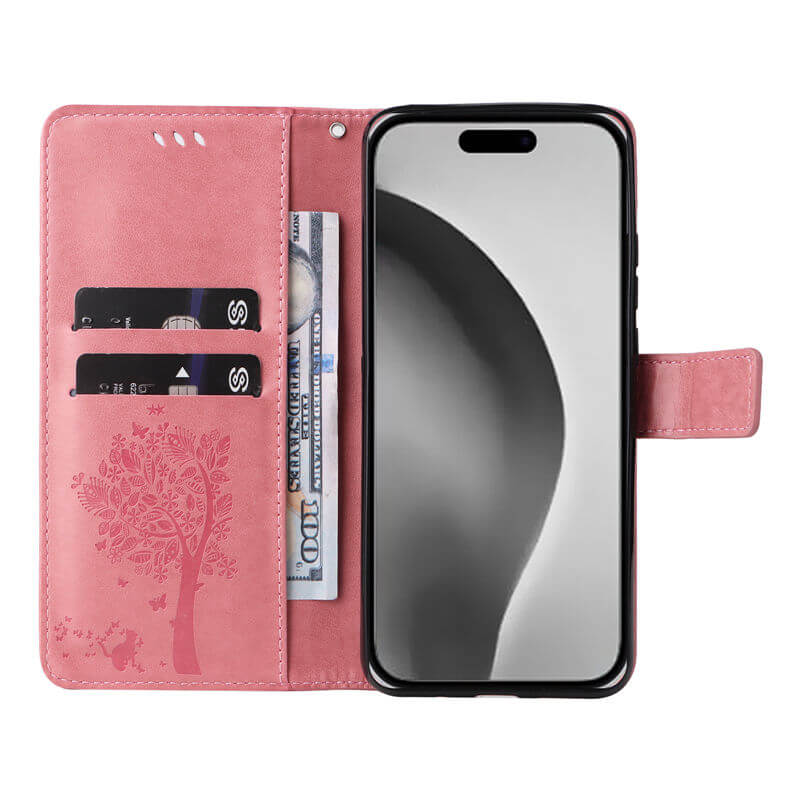 For iPhone 16 Pro Max Cat Tree Embossed Pattern Wallet Case