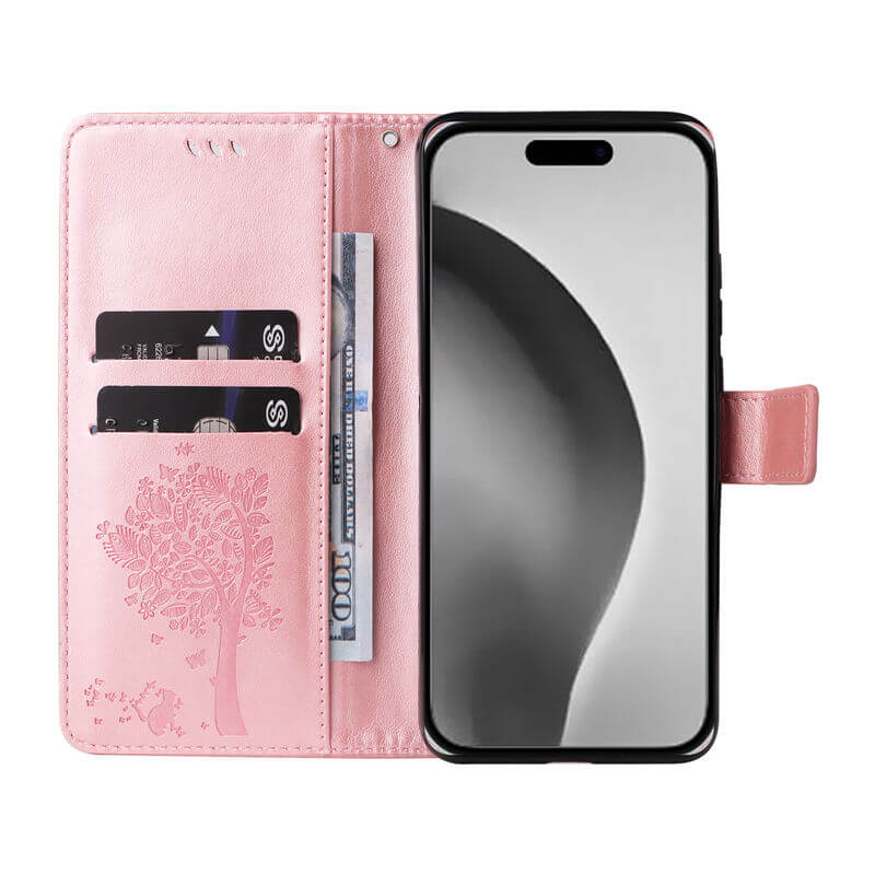 For iPhone 16 Pro Max Cat Tree Embossed Pattern Wallet Case