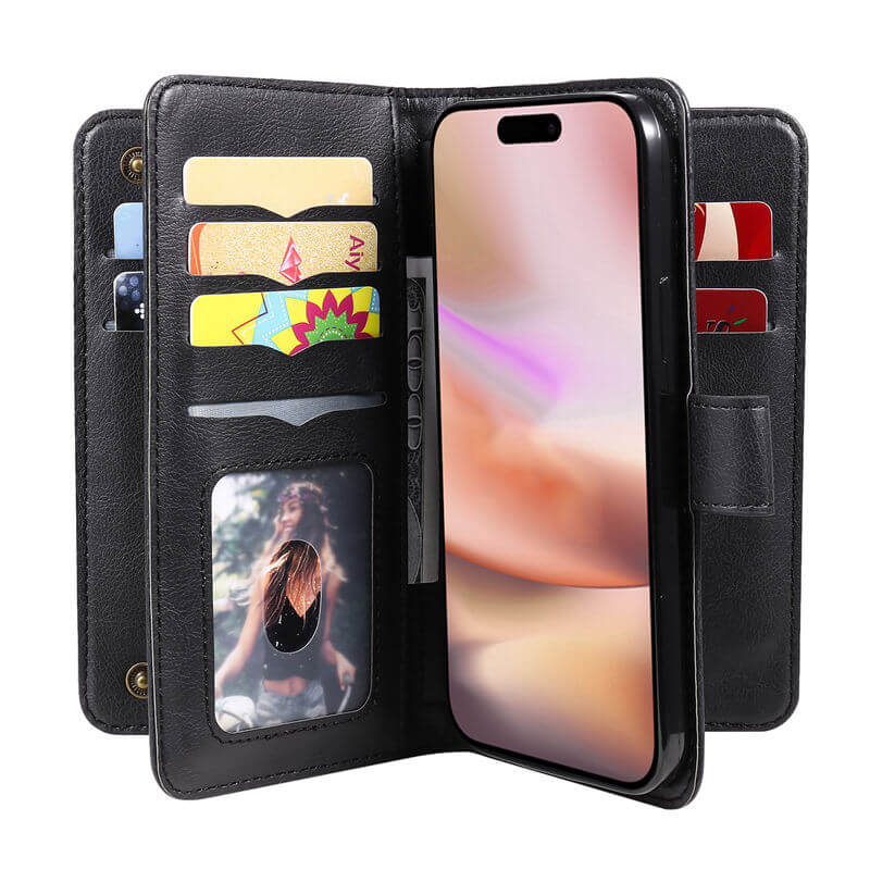 For iPhone 16 Plus Wallet 10 Card Slots Leather Case