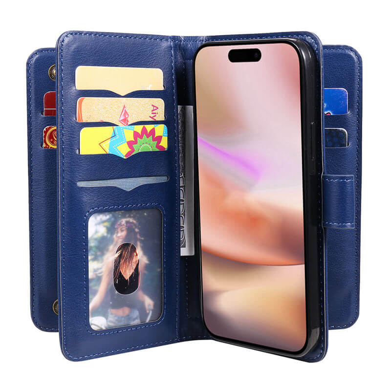 For iPhone 16 Plus Wallet 10 Card Slots Leather Case