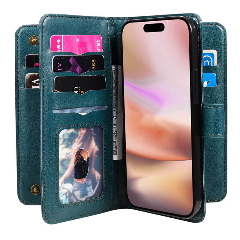 For iPhone 16 Plus Wallet 10 Card Slots Leather Case