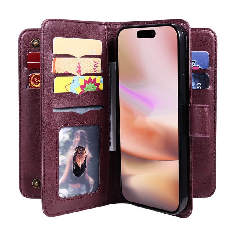 For iPhone 16 Plus Wallet 10 Card Slots Leather Case