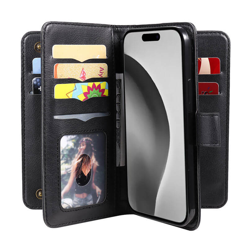 For iPhone 16 Pro Max Wallet 10 Card Slots Leather Case