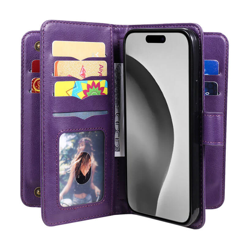 For iPhone 16 Pro Max Wallet 10 Card Slots Leather Case