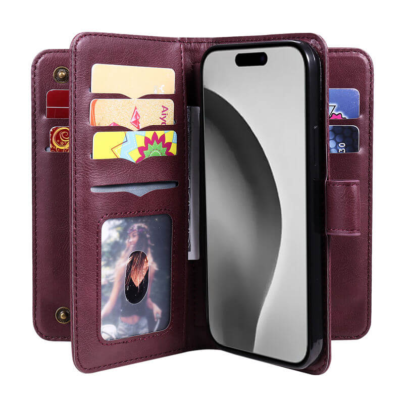 For iPhone 16 Pro Max Wallet 10 Card Slots Leather Case