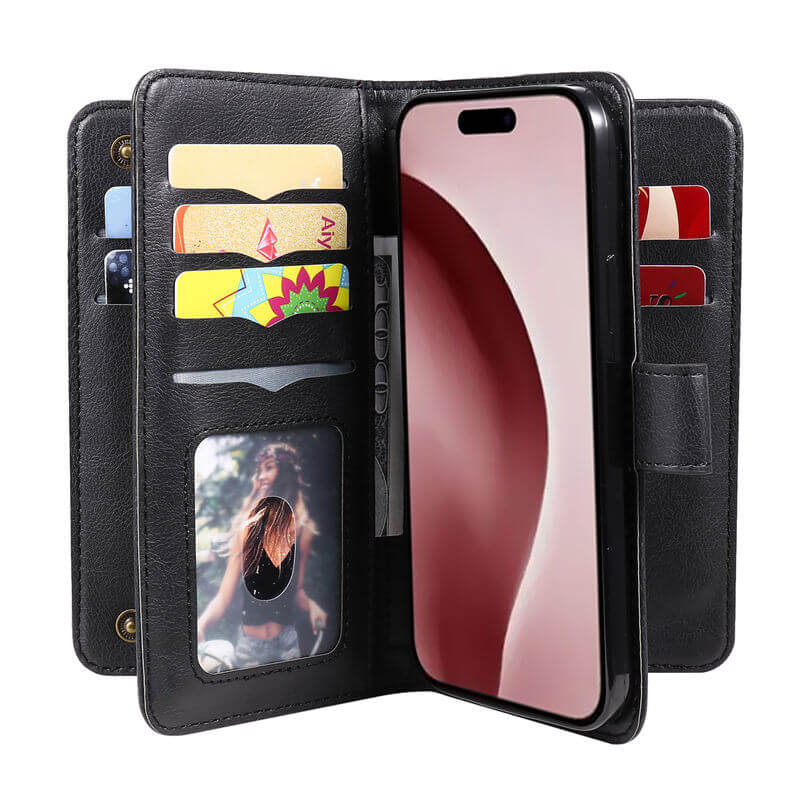 For iPhone 16 Pro Wallet 10 Card Slots Leather Case