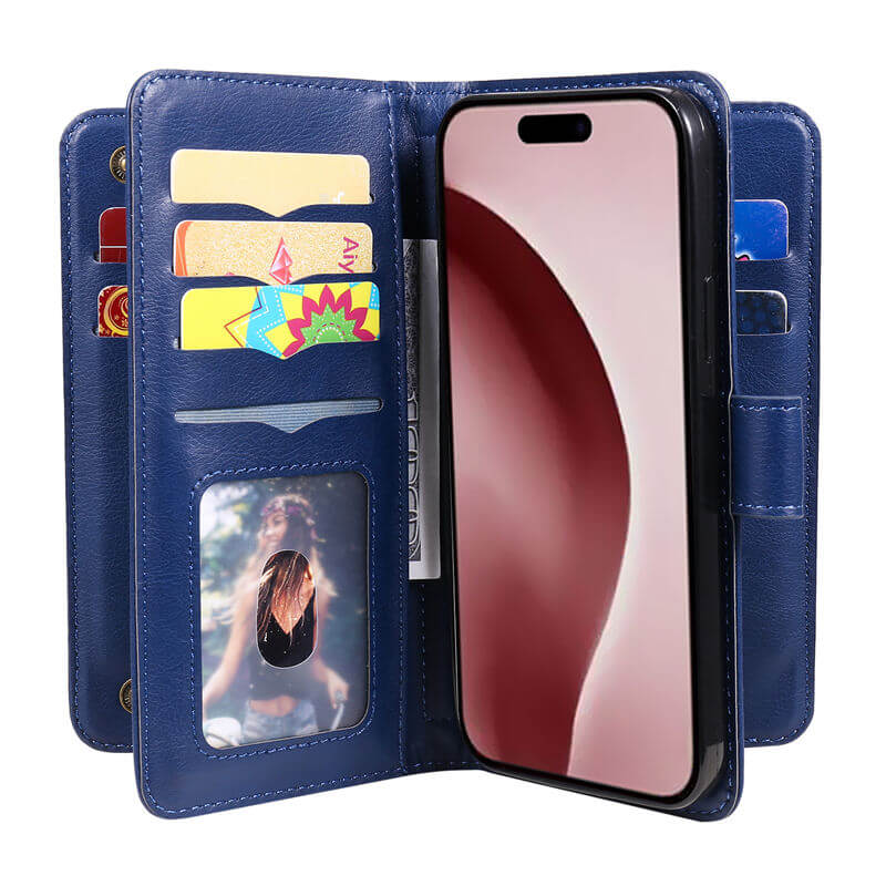 For iPhone 16 Pro Wallet 10 Card Slots Leather Case