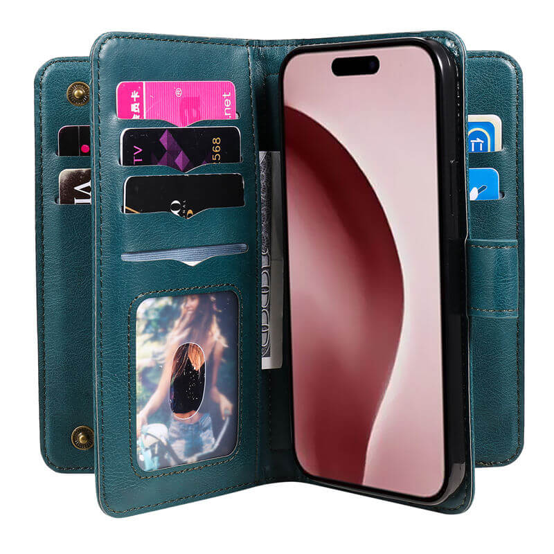 For iPhone 16 Pro Wallet 10 Card Slots Leather Case