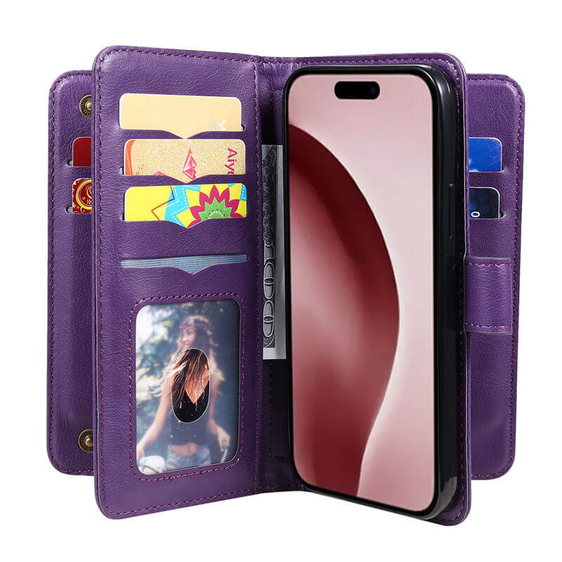 For iPhone 16 Pro Wallet 10 Card Slots Leather Case