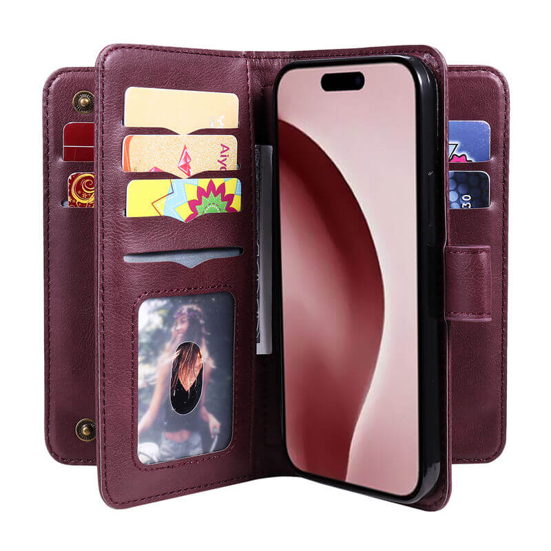 For iPhone 16 Pro Wallet 10 Card Slots Leather Case