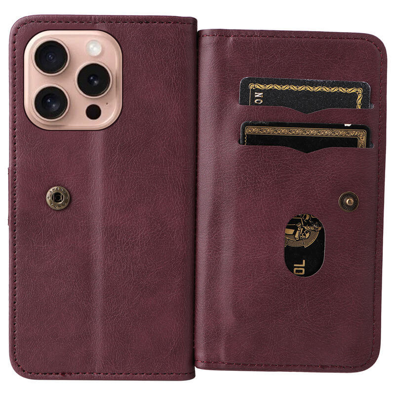 For iPhone 16 Pro Wallet 10 Card Slots Leather Case