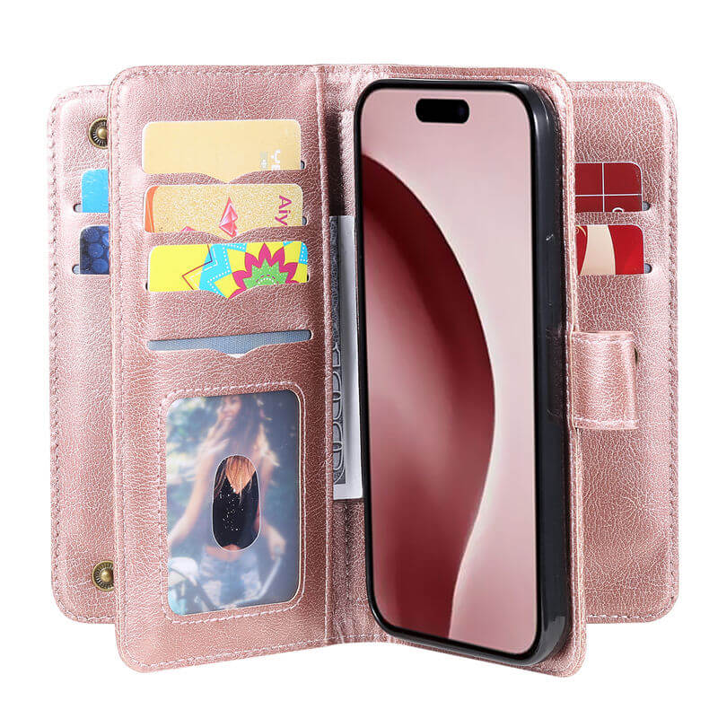 For iPhone 16 Pro Wallet 10 Card Slots Leather Case