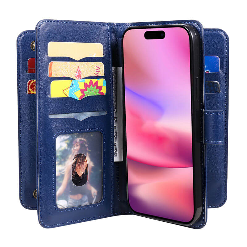 For iPhone 16 Wallet 10 Card Slots Leather Case